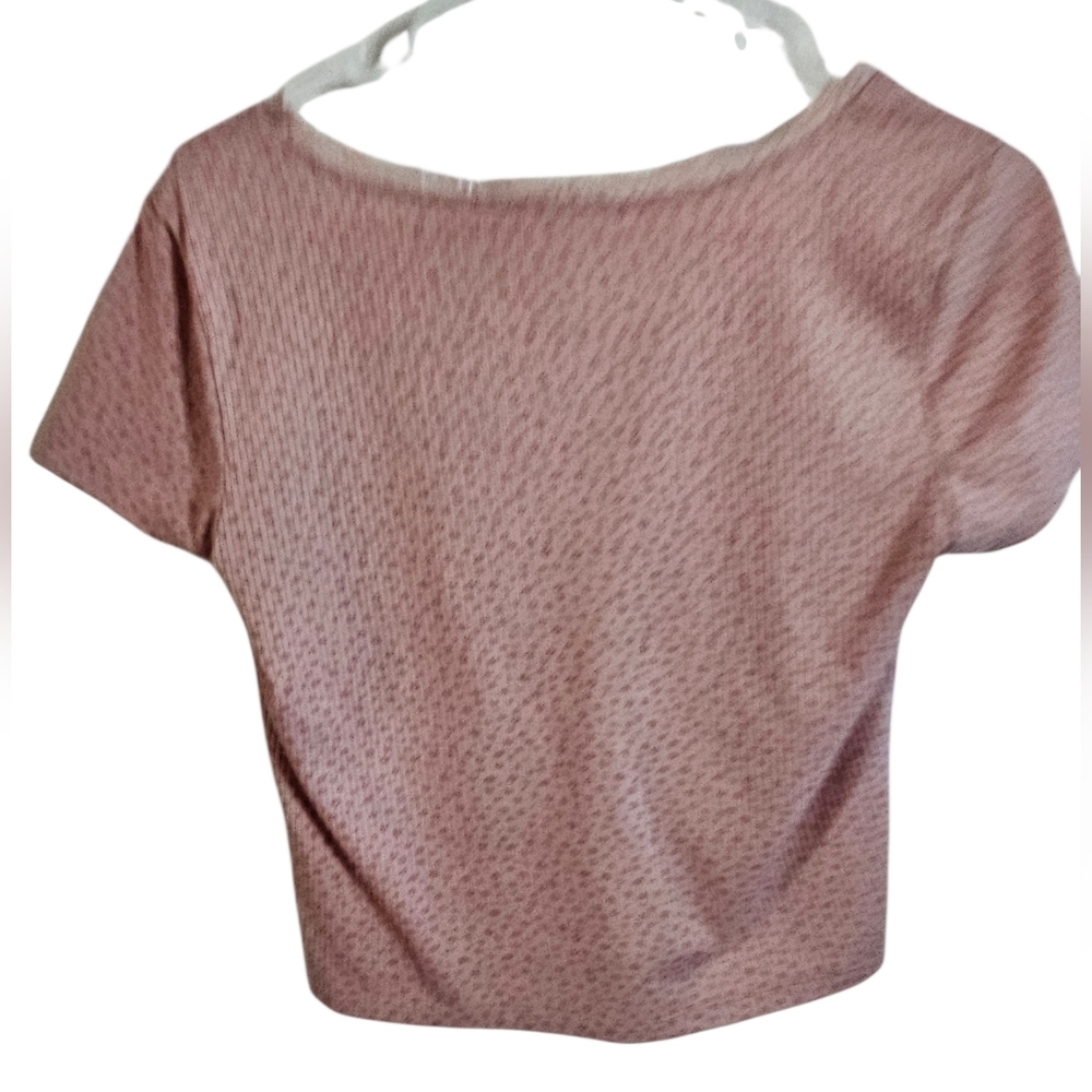 Pink Rose Ribbed Ruched Lace Trim V-Neck Top Y2K Soft Girl Stretch Tee Size L - Picture 3 of 7